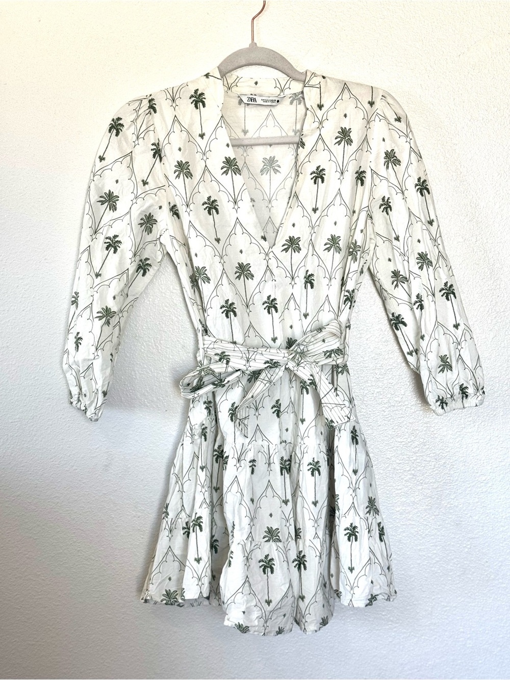 Zara Puff Sleeve Palm Tree Printed Mini Dress White Green Small - Picture 3 of 9